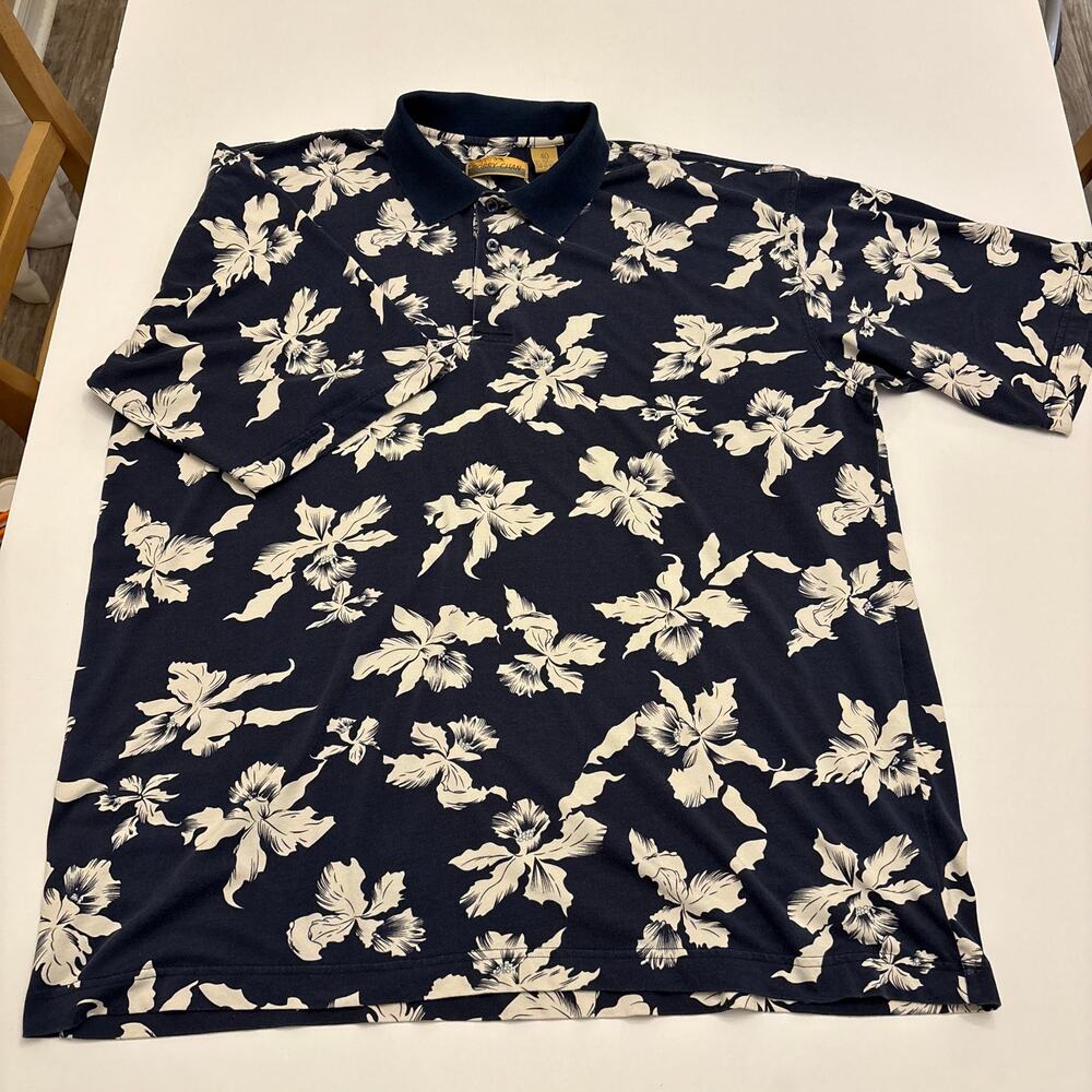 Bobby Chan Men's XL Silk Cotton Floral Polo Shirt Hawaiian Navy Blue